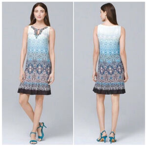WHBM Sleeveless Ombre Blue Beaded Neck Shift Midi Dress Pull Over Ruffle Hem M